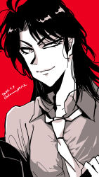 Rule 34 | 1boy, artist name, closed mouth, collared shirt, commentary request, dated, greyscale with colored background, highres, ichijou seiya, joukyou seikatsuroku ichijou, kaiji, long hair, looking at viewer, male focus, medium bangs, necktie, red background, shirt, simple background, smile, solo, unknown03162, upper body