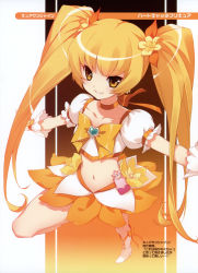 Rule 34 | 10s, 1girl, absurdres, blonde hair, boots, bow, brooch, character name, copyright name, cure sunshine, flat chest, flower, from above, hair ribbon, heart, heart brooch, heartcatch precure!, highres, jewelry, long hair, magical girl, midriff, myoudouin itsuki, navel, orange background, orange bow, orange skirt, orange theme, outstretched arms, perspective, precure, ribbon, shirahane nao, skirt, smile, solo, spread arms, standing, standing on one leg, twintails, very long hair, yellow bow, yellow eyes