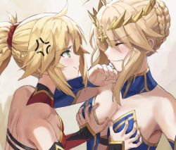 Rule 34 | 2girls, ahoge, artoria pendragon (fate), artoria pendragon (lancer) (fate), bandeau, bare shoulders, blonde hair, blush, braid, breasts, cleavage, detached collar, fate/apocrypha, fate/grand order, fate (series), french braid, green eyes, hair between eyes, hair ornament, hair scrunchie, highres, incest, large breasts, long hair, mordred (fate), mordred (fate/apocrypha), mother and daughter, multiple girls, parted bangs, ponytail, puffy cheeks, red scrunchie, scrunchie, sidelocks, small breasts, tonee