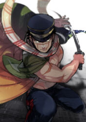 Rule 34 | 1boy, bare pectorals, black pants, closed mouth, facial scar, fighting stance, golden kamuy, holding, holding sword, holding weapon, male focus, military, onnomono, open clothes, pants, pectorals, red scarf, scar, scar on arm, scar on cheek, scar on chest, scar on face, scar on mouth, scar on nose, scarf, solo, sugimoto saichi, sword, weapon, white scarf