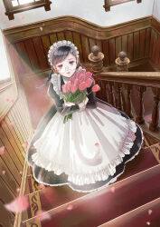 Rule 34 | 1girl, absurdres, apron, black dress, black hair, blurry, braid, carpet, closed mouth, dress, dutch angle, eyelashes, eyeshadow, flower, frilled apron, frilled dress, frills, from above, glasses, hanasaki taru, highres, holding, holding flower, indoors, leaf, light particles, light rays, lips, long dress, long sleeves, looking at viewer, maid, maid apron, maid headdress, makeup, original, petals, pink eyeshadow, pink flower, pink lips, pink tulip, purple eyes, railing, red carpet, round eyewear, sleeve cuffs, solo, stairs, sunbeam, sunlight, swept bangs, tulip, twin braids, two-tone dress, white apron, white dress, window, wooden railing