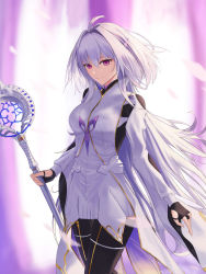 Rule 34 | 1girl, ahoge, black gloves, black pants, breasts, fate/grand order, fate/prototype, fate (series), fingerless gloves, gloves, holding, holding staff, long hair, long sleeves, looking at viewer, medium breasts, merlin (fate/prototype), merlin (fate/prototype) (second ascension), muwon, pants, petals, purple eyes, robe, smile, staff, thighs, very long hair, white hair, white robe, wide sleeves