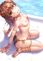 Rule 34 | 1girl, arched back, arm support, armlet, ass, barefoot, bikini, blush, breasts, brown eyes, brown hair, collarbone, feet, from above, from side, front-tie bikini top, front-tie top, gloves, grin, hair ornament, hairpin, looking at viewer, looking up, misaka mikoto, nipples, no shoes, nude, nude filter, poolside, raika9, shiny skin, short hair, sitting, small breasts, smile, soles, solo, spiked hair, swimsuit, thigh strap, third-party edit, toaru kagaku no railgun, toaru majutsu no index, toeless legwear, toes, wariza