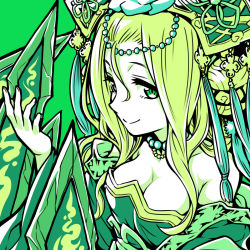 Rule 34 | 1girl, bare shoulders, blonde hair, breasts, chinese clothes, circlet, cleavage, dress, green background, green eyes, green theme, hair between eyes, headdress, highres, ishiyumi, long hair, looking at viewer, meimei (p&amp;d), off shoulder, puzzle &amp; dragons, simple background, smile, solo, tassel