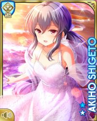 Rule 34 | 1girl, barefoot, beach, bow, breasts, card (medium), character name, day, dress, female focus, girlfriend (kari), grey hair, long hair, ocean, official art, one-piece swimsuit, open mouth, outdoors, purple bow, qp:flapper, shigeto akiho, smile, standing, sunset, swimsuit, tagme, white dress, white one-piece swimsuit
