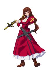 Rule 34 | 00s, 1girl, boots, brown eyes, brown hair, cross, cross-laced footwear, cross necklace, dress, dual wielding, erica fontaine, gun, holding, jewelry, lace-up boots, long hair, low-tied long hair, necklace, official art, project x zone, red dress, sakura taisen, sakura taisen iii, sega, smile, solo, submachine gun, trigger discipline, twintails, weapon