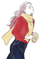 Rule 34 | 1girl, closed eyes, coffee cup, cup, denim, disposable cup, earrings, floating hair, highres, holding, holding cup, jewelry, kawai chihiro, light blush, light smile, long hair, original, pink hair, profile, red sweater, scarf, simple background, solo, sweater, walking, white background