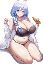 Rule 34 | 1girl, alternate costume, animal ear fluff, animal ears, bare shoulders, barefoot, belly, black bra, black panties, blinking, blue hair, blush, bouncing breasts, bra, braid, braided ponytail, breasts, carrot, cleavage, closed mouth, collarbone, hair between eyes, highres, hololive, huge breasts, jasony, jewelry, long hair, long sleeves, looking at viewer, mature female, multicolored hair, navel, necklace, panties, pearl necklace, pekomama, plump, rabbit ears, rabbit girl, red eyes, shirt, short eyebrows, sitting, smile, solo, stomach, streaked hair, thick eyebrows, thighs, underwear, virtual youtuber, wariza, white hair, white shirt