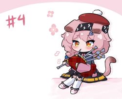 Rule 34 | 1girl, animal ears, arknights, bagpipes, black hairband, black skirt, blue bow, blue jacket, blush, bow, braid, cat ears, cat girl, cat tail, chibi, floppy ears, full body, garter straps, goldenglow (arknights), hair bow, hair ornament, hairband, hairclip, hat, holding, holding instrument, instrument, jacket, kurotofu, lightning bolt print, long hair, multicolored clothes, multicolored jacket, music, pink footwear, pink hair, pink jacket, playing instrument, pom pom (clothes), red headwear, skirt, solo, tail, tam o&#039; shanter, thighhighs, two-tone jacket, white thighhighs, yellow eyes
