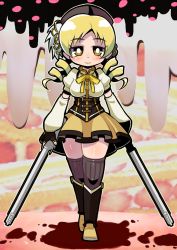 Rule 34 | 10s, 1girl, beret, blonde hair, blood, blush, body blush, boots, breasts, brown thighhighs, detached sleeves, drill hair, dual wielding, fingerless gloves, gloves, gun, hair ornament, hairpin, hat, holding, long hair, magical girl, magical musket, mahou shoujo madoka magica, mahou shoujo madoka magica (anime), musket, pleated skirt, puffy sleeves, ribbon, rifle, skirt, smile, solo, soxy, striped clothes, striped thighhighs, thighhighs, tomoe mami, tomoe mami (magical girl), twin drills, twintails, vertical-striped clothes, vertical-striped thighhighs, weapon, witch&#039;s labyrinth, yellow eyes, zettai ryouiki