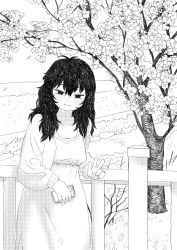Rule 34 | 1girl, antenna hair, blush, cellphone, cherry blossoms, curly hair, dithering, dress, fence, highres, holding, holding phone, kms2605, long hair, looking at viewer, monochrome, original, outdoors, parted lips, phone, smartphone, solo, squinting, standing, tree, v