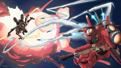 Rule 34 | commentary, energy sword, english commentary, explosion, extra arms, fighting, glowing, glowing eye, gun, highres, holding, holding gun, holding sword, holding weapon, itano circus, lancer rpg, looking down, mecha, missile, official art, peyton gee, red eyes, robot, science fiction, space, sword, vernier thrusters, weapon