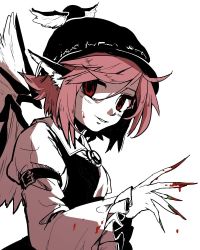 Rule 34 | 1girl, animal ears, bird ears, bird wings, blood, blood on hands, blush, dress, empty eyes, fingernails, green nails, hat, kusiyan, limited palette, long fingernails, long sleeves, looking at viewer, mystia lorelei, nail polish, open mouth, pink hair, red eyes, sharp fingernails, short hair, simple background, solo, touhou, upper body, white background, white wings, wide sleeves, winged hat, wings