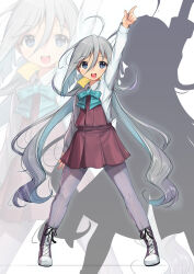 Rule 34 | 1girl, absurdres, ahoge, aqua bow, aqua bowtie, boots, bow, bowtie, collared shirt, cross-laced footwear, dress, dress shirt, full body, grey eyes, grey hair, grey pantyhose, hair between eyes, halter dress, halterneck, highres, kantai collection, kiyoshimo (kancolle), lace-up boots, long hair, low twintails, open mouth, pantyhose, pointing, pointing up, purple dress, round teeth, shirt, silhouette, smile, solo, teeth, twintails, upper teeth only, very long hair, white shirt, yashin (yasinz), zoom layer