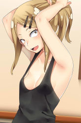 Rule 34 | 10s, 1girl, :d, adjusting hair, armpits, arms up, bad id, bad pixiv id, bare arms, bare shoulders, black tank top, breasts, brown eyes, collarbone, commentary request, dagashi kashi, endou saya, eyelashes, fangs, from side, hair ornament, hairclip, happy, highres, indoors, karasuma yayoi, light brown hair, long hair, looking at viewer, no bra, open mouth, ponytail, raised eyebrows, sanpaku, sideboob, small breasts, smile, solo, standing, tank top, upper body