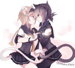 Rule 34 | 10s, 2girls, animal ears, bad id, bad twitter id, black skirt, braid, cat ears, cat tail, cis (carcharias), corset, eye contact, from side, hair flaps, holding hands, hatsuzuki (kancolle), implied yuri, interlocked fingers, kantai collection, kemonomimi mode, long hair, looking at another, miniskirt, multiple girls, pantyhose, pleated skirt, profile, puffy short sleeves, puffy sleeves, short hair, short sleeves, skirt, standing, tail, teruzuki (kancolle), twitter username