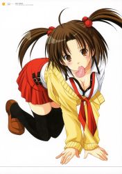 Rule 34 | 1girl, absurdres, all fours, azuma yuki, black thighhighs, breasts, brown eyes, brown hair, candy, chocolate, chocolate heart, cleavage, food, hair bobbles, hair ornament, heart, highres, large breasts, mouth hold, necktie, open clothes, open shirt, ribbed sweater, shirt, skirt, solo, sweater, sweater vest, thighhighs, two side up