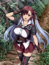 Rule 34 | 00s, 10s, 1girl, belt, blue hair, breasts, corset, eiwa, forest, framed breasts, gloves, gradient hair, highres, large breasts, long hair, looking at viewer, looking up, miniskirt, multicolored hair, nature, open mouth, pleated skirt, red eyes, red hair, riela marcellis, senjou no valkyria, senjou no valkyria (series), senjou no valkyria 3, shirt, short sleeves, skirt, smile, solo, taut clothes, taut shirt, thighhighs, very long hair, zettai ryouiki