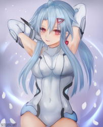 Rule 34 | 1girl, aged up, ahoge, alternate breast size, alternate hairstyle, armpits, arms behind head, bare shoulders, blue hair, blush, breasts, covered navel, earrings, elbow gloves, gloves, hair between eyes, hair ornament, hairclip, heart, heart earrings, highres, jewelry, leotard, looking at viewer, medium breasts, neptune (series), power symbol, power symbol-shaped pupils, red eyes, sidelocks, smile, solo, suterisu, symbol-shaped pupils, white heart (neptunia)
