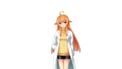 Rule 34 | 1girl, ahoge, amakubo yuri, blunt ends, blunt sidelocks, breasts, dot nose, glasses, hair flaps, hand in pocket, head tilt, inoino, kouyoku senki exs-tia, lab coat, long hair, lusterise, open mouth, orange hair, simple background, small breasts, smile, solo, standing, sweater, tachi-e, yellow eyes, yellow sweater