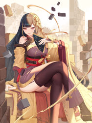 Rule 34 | 1girl, bare shoulders, blush, chinese clothes, closed mouth, crossed legs, folding fan, green nails, hair ornament, hand fan, highres, long hair, long sleeves, looking at viewer, mandarin (masterwork apocalypse), masterwork apocalypse, nail polish, off shoulder, orange sekaii, purple thighhighs, red eyes, sitting, smile, solo, thighhighs, thighs, wide sleeves
