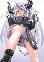 Rule 34 | ahoge, blush, demon girl, demon horns, grey hair, highres, hololive, horns, la+ darknesss, long hair, looking at viewer, multicolored hair, necktie, open mouth, pleated skirt, pointy ears, purple hair, sailor collar, school uniform, shirt, simple background, skirt, slit pupils, smile, socks, streaked hair, striped horns, sweater, tail, taro. (tataroro 1), very long hair, virtual youtuber, yellow eyes