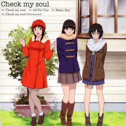 Rule 34 | 3girls, absurdres, album cover, amagami, arms behind back, ayatsuji tsukasa, bespectacled, black eyes, black hair, bob cut, boots, brown eyes, brown hair, buckle, bush, casual, clenched hands, coat, cover, curtains, dress, english text, expressionless, forearms at chest, fur trim, glasses, grass, hat, highres, knee boots, light smile, long hair, multiple girls, nanasaki ai, non-web source, official art, open mouth, pantyhose, plaid, plaid skirt, sakurai rihoko, scarf, short hair, skirt, smile, window