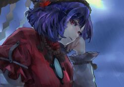 Rule 34 | 1girl, arm support, cloud, cloudy sky, commentary request, eneshi, frilled sleeves, frills, hair between eyes, hand on own cheek, hand on own face, highres, long sleeves, looking at viewer, maple leaf hair ornament, medium hair, onbashira, outdoors, parted lips, purple hair, rain, red eyes, red shirt, rope, shimenawa, shirt, sky, solo, touhou, upper body, white sleeves, yasaka kanako