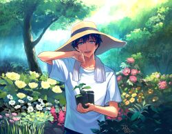 Rule 34 | 1boy, :d, a3!, artist name, black hair, blue eyes, day, dirty, dirty face, flower, garden, hand up, hat, holding, holding plant, looking at viewer, open mouth, outdoors, plant, shirt, short hair, short sleeves, smile, solo, standing, straw hat, sun hat, sunlight, taka banyaaa, towel, towel around neck, tree, tsukioka tsumugi, white shirt, yellow hat