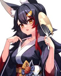 Rule 34 | 1girl, animal ear fluff, animal ears, black hair, black kimono, collarbone, commentary request, hair between eyes, hair ornament, hand fan, highres, holding, holding fan, hololive, japanese clothes, kimono, long hair, looking at viewer, multicolored hair, ninsaki (9saki), obi, ookami mio, red hair, sash, simple background, solo, two-tone hair, virtual youtuber, white background, wolf ears, wolf girl, yellow eyes