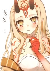 Rule 34 | 1girl, alternate breast size, bare shoulders, blonde hair, blush, breasts, cleavage, earrings, facial mark, fate/grand order, fate (series), fingernails, horns, ibaraki douji (fate), japanese clothes, jewelry, kimono, kujiran, large breasts, long fingernails, long hair, off shoulder, oni, oni horns, open mouth, pointy ears, sharp fingernails, simple background, slit pupils, smile, solo, tattoo, white background, yellow eyes