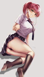Rule 34 | 1girl, absurdres, alternate costume, aria honmono, ass, black skirt, black socks, blush, breasts, clothes lift, collared shirt, heterochromia, highres, hololive, houshou marine, large breasts, lifting own clothes, long hair, looking at viewer, ponytail, red eyes, red hair, shirt, skirt, skirt lift, smile, socks, solo, very long hair, virtual youtuber, white shirt, yellow eyes