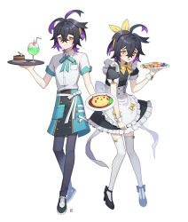Rule 34 | 2boys, absurdres, alternate costume, apron, black footwear, black hair, black shirt, blush, breast pocket, cake, cherry, colored inner hair, commentary request, creatures (company), crossed bangs, cup, drinking straw, food, fruit, game freak, gen 1 pokemon, hair between eyes, hairband, hand up, highres, holding, holding plate, holding tray, kieran (pokemon), korean commentary, male focus, mongguri, multicolored hair, multiple boys, nintendo, omelet, omurice, pants, pikachu, plate, pocket, pokemon, pokemon sv, raised eyebrows, shirt, shoes, short hair, short sleeves, thighhighs, trap, tray, waist apron, white apron, white shirt, white thighhighs, wrist cuffs, yellow eyes, yellow hairband