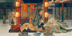 Rule 34 | 2boys, animal request, architecture, bingzhen yugao, blue eyes, brown hair, character request, child, chinese clothes, closed mouth, east asian architecture, facing another, full body, high ponytail, highres, lantern, looking at viewer, male focus, multiple boys, open mouth, sitting, smile, the tale of food, tiger