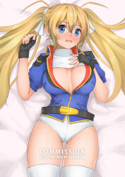 Rule 34 | 1girl, blonde hair, blue eyes, blush, breasts, commentary, commission, dhokidoki, fingerless gloves, gloves, gundam, gundam card builder, hair ribbon, highleg, highleg leotard, highres, large breasts, leotard, long hair, looking at viewer, open mouth, reiko holinger, ribbon, solo, thighhighs, twintails, white thighhighs