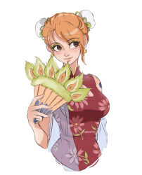 Rule 34 | 1girl, arm tattoo, brown eyes, commentary, double bun, dress, earrings, eiriseth, eyeshadow, floral print, green eyeshadow, hair bun, hand fan, highres, holding, holding fan, jewelry, looking to the side, makeup, nami (one piece), one piece, orange hair, red dress, smile, solo, tattoo, upper body, vietnamese dress