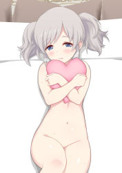 Rule 34 | 1girl, akari (princess connect!), blue eyes, blush, grey hair, heart, heart-shaped pillow, heavy breathing, highres, lips, looking at viewer, lying, nagehazushi, nude, hugging object, on back, on bed, pillow, pillow hug, princess connect!, smile, solo, twintails