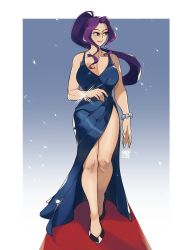 Rule 34 | bangle, black footwear, blue dress, blush, bracelet, breasts, cleavage, collarbone, commentary, commission, dress, english commentary, high heels, highres, jewelry, large breasts, looking to the side, original, parted bangs, pearl bracelet, purple eyes, purple hair, red carpet, smile, snowcie, solo, walking