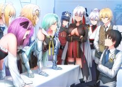 Rule 34 | 3boys, 6+girls, armor, artoria pendragon (alter swimsuit rider) (fate), artoria pendragon (alter swimsuit rider) (second ascension) (fate), artoria pendragon (fate), bare shoulders, billy the kid (fate), black hair, blonde hair, blue eyes, blunt bangs, book, breasts, brynhildr (fate), character request, commentary, crossed arms, detached sleeves, eye contact, fate/grand order, fate (series), formal, fujimaru ritsuka (male), fujimaru ritsuka (male) (anniversary blonde), gauntlets, ginhaha, green hair, hair between eyes, hair ornament, hair ribbon, hat, headpiece, helena blavatsky (fate), jeanne d&#039;arc (fate), jeanne d&#039;arc (ruler) (fate), large breasts, long hair, looking at another, maid headdress, majin saber, multiple boys, multiple girls, oda nobukatsu (fate), official alternate costume, okita souji (fate), okita souji (koha-ace), okita souji alter (fate), parody, ponytail, purple eyes, purple hair, red eyes, ribbon, short hair, silver hair, sitting, suit, table, tomoe gozen (fate), yellow eyes
