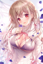 Rule 34 | 1girl, :d, bare shoulders, bikini, bikini under clothes, blush, braid, breasts, brown hair, circle name, cleavage, clothing cutout, commentary request, flower, hair between eyes, hair ribbon, head tilt, highres, holding, holding flower, long hair, looking at viewer, medium breasts, meme attire, open-chest sweater, open mouth, original, petals, pink ribbon, pom pom (clothes), purple bikini, purple flower, red eyes, ribbon, shoulder cutout, side braid, smile, solo, sousouman, sweater, swimsuit, turtleneck, turtleneck sweater, underboob, upper body, white background, white sweater