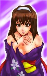 Rule 34 | 00s, 1girl, bare shoulders, breasts, brown eyes, brown hair, choker, cleavage, facing viewer, floral print, hairband, hand up, japanese clothes, kanzaki sumire, kimono, kiraki, large breasts, lips, long hair, looking at viewer, mole, mole under eye, obi, off shoulder, red ribbon, ribbon, ribbon choker, sakura taisen, sash, smile, solo, upper body