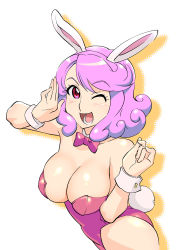 Rule 34 | 1girl, animal ears, bare shoulders, blush, bow, bowtie, breasts, cleavage, detached collar, fake animal ears, female focus, happy, large breasts, looking at viewer, one eye closed, open mouth, original, pink eyes, pink hair, playboy bunny, rabbit ears, rabbit tail, red eyes, salute, short hair, smile, solo, tail, ueyama michirou, wink, wrist cuffs
