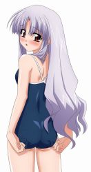 Rule 34 | adjusting clothes, adjusting swimsuit, ass, azmaria hendric, blush, chrno crusade, from behind, highres, looking back, one-piece swimsuit, purple hair, red eyes, school swimsuit, simple background, sugimura tomokazu, swimsuit