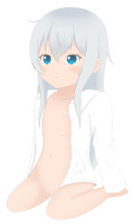 Rule 34 | 10s, 1girl, artist request, barefoot, blue eyes, blush, bottomless, breasts, closed mouth, full body, hibiki (kancolle), kantai collection, kneeling, light smile, long hair, naked shirt, no bra, open clothes, open shirt, shirt, silver hair, simple background, sitting, small breasts, solo, wariza, white background, white shirt