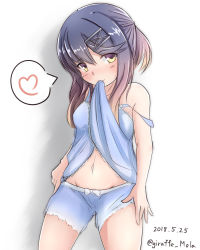 Rule 34 | 1girl, alternate costume, blush, breasts, clothes in mouth, clothes lift, collarbone, dated, giraffe (ilconte), hair between eyes, hair ornament, hairclip, heart, highres, kantai collection, lifting own clothes, long hair, looking at viewer, mouth hold, multicolored hair, navel, off shoulder, purple hair, shadow, shirt in mouth, shirt lift, shorts, simple background, sleepwear, small breasts, spoken heart, tsushima (kancolle), twitter username, underwear, underwear only, white background, yellow eyes
