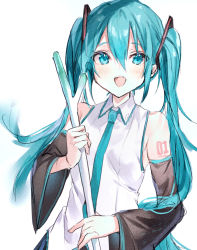 Rule 34 | 1girl, :d, aqua eyes, aqua hair, aqua necktie, bare shoulders, black sleeves, blush, collared shirt, commentary request, detached sleeves, hair between eyes, hatsune miku, highres, holding, irohatomo, long hair, long sleeves, looking at viewer, necktie, number tattoo, open mouth, shirt, shoulder tattoo, smile, solo, spring onion, tattoo, twintails, upper body, very long hair, vocaloid, white shirt