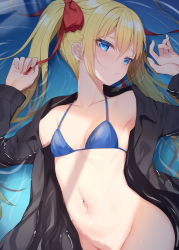 Rule 34 | 1girl, alexmaster, armpits, arms up, bare shoulders, bikini, bikini top only, black jacket, blonde hair, blue bikini, blue eyes, bottomless, bow, breasts, groin, hair bow, halterneck, jacket, long hair, long sleeves, looking at viewer, lying, navel, off shoulder, on back, open clothes, open jacket, original, partially submerged, small breasts, solo, stomach, string bikini, swimsuit, swimsuit cover-up, twintails, water, wet