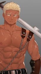 Rule 34 | 1boy, abs, bara, belt, blonde hair, borrowed character, chain, commission, dark skin, dark-skinned male, gondom, highres, large pectorals, leather, looking at viewer, male focus, muscular, navel, nipples, original, over shoulder, pectorals, scar, topless male, short hair, sideburns, solo, sword, sword over shoulder, weapon, weapon over shoulder, yellow eyes