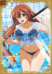 Rule 34 | 1girl, against glass, bikini, blue bikini, breast press, breasts, breasts squeezed together, brown hair, card (medium), day, glasses, green eyes, hair ornament, ikkitousen, large breasts, long hair, looking at viewer, micro bikini, official art, open mouth, ryuubi gentoku, shiny skin, shirt, smile, solo, swimsuit, thong, thong bikini, very long hair, water, wet, wet clothes, wet shirt