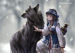 Rule 34 | 10s, 1girl, 2016, ainu clothes, animal, bandana, black eyes, black hair, blurry, blush, dated, depth of field, earrings, irua, jewelry, long hair, long sleeves, necklace, original, outdoors, sash, snow, snowing, solo, wolf, yellow eyes